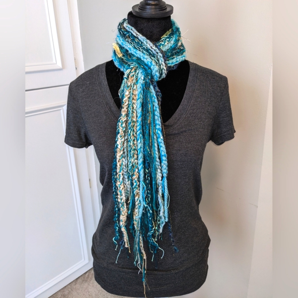 Teal Gold Aqua Ivory Handmade Fringe Scarf!! New Made By Lola